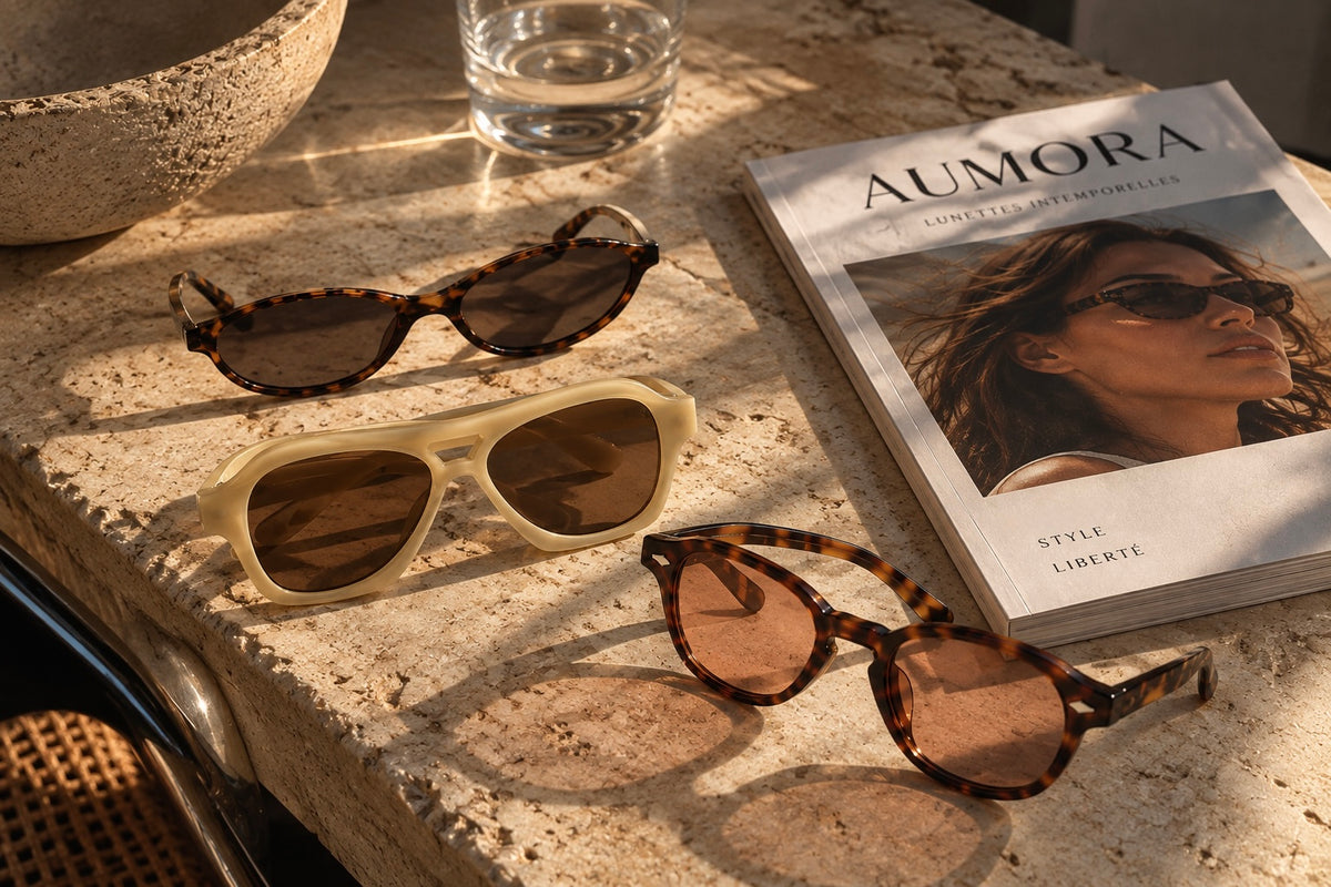 Les lunettes Aumora Milano, Cali et Bacalar posées sur une table en travertin, au soleil